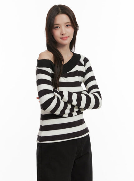 Striped One-Shoulder Long-Sleeve Top IJ510 Casual style LEWKIN