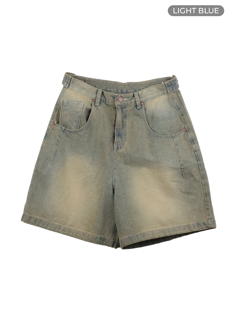 Vintage Washed Baggy Jorts IY410 in light blue, flat product-only front shot, sun-faded washed cotton denim, large front patch pockets, copper button closure, and wide-leg short silhouette.