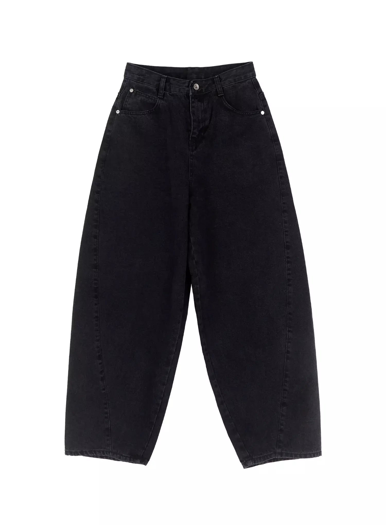 Sunwoo Embroidered Wide Leg Jeans IG528 in black, flat lay front product shot, full-length balloon wide-leg cotton denim silhouette with curved seam and five-pocket construction visible.