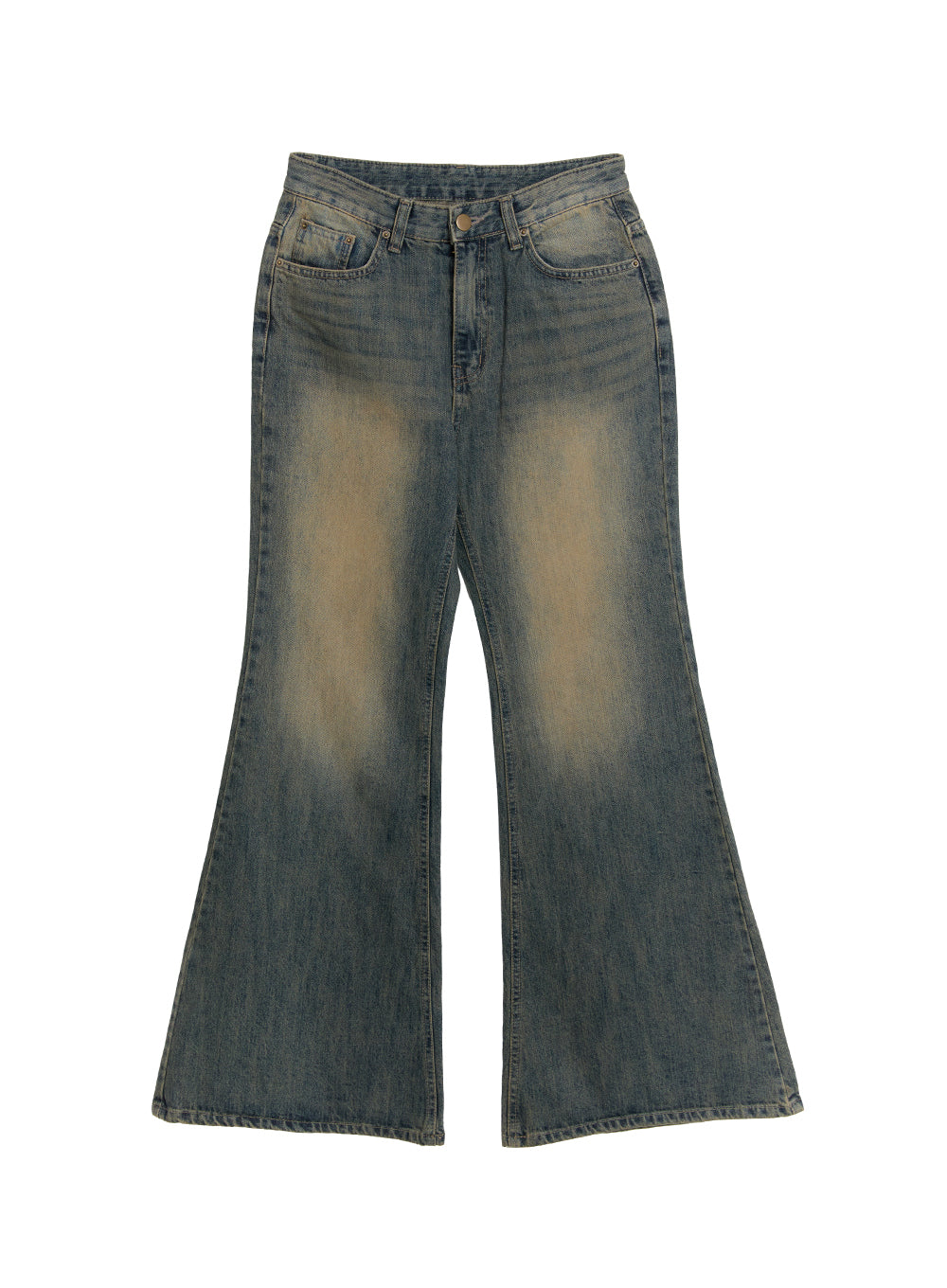 Kourtney Vintage Wash Flared Jeans IF510 in dark blue, flat product-only front shot, slim-fit flared cotton denim with amber vintage wash fading at thighs and five-pocket design clearly visible.