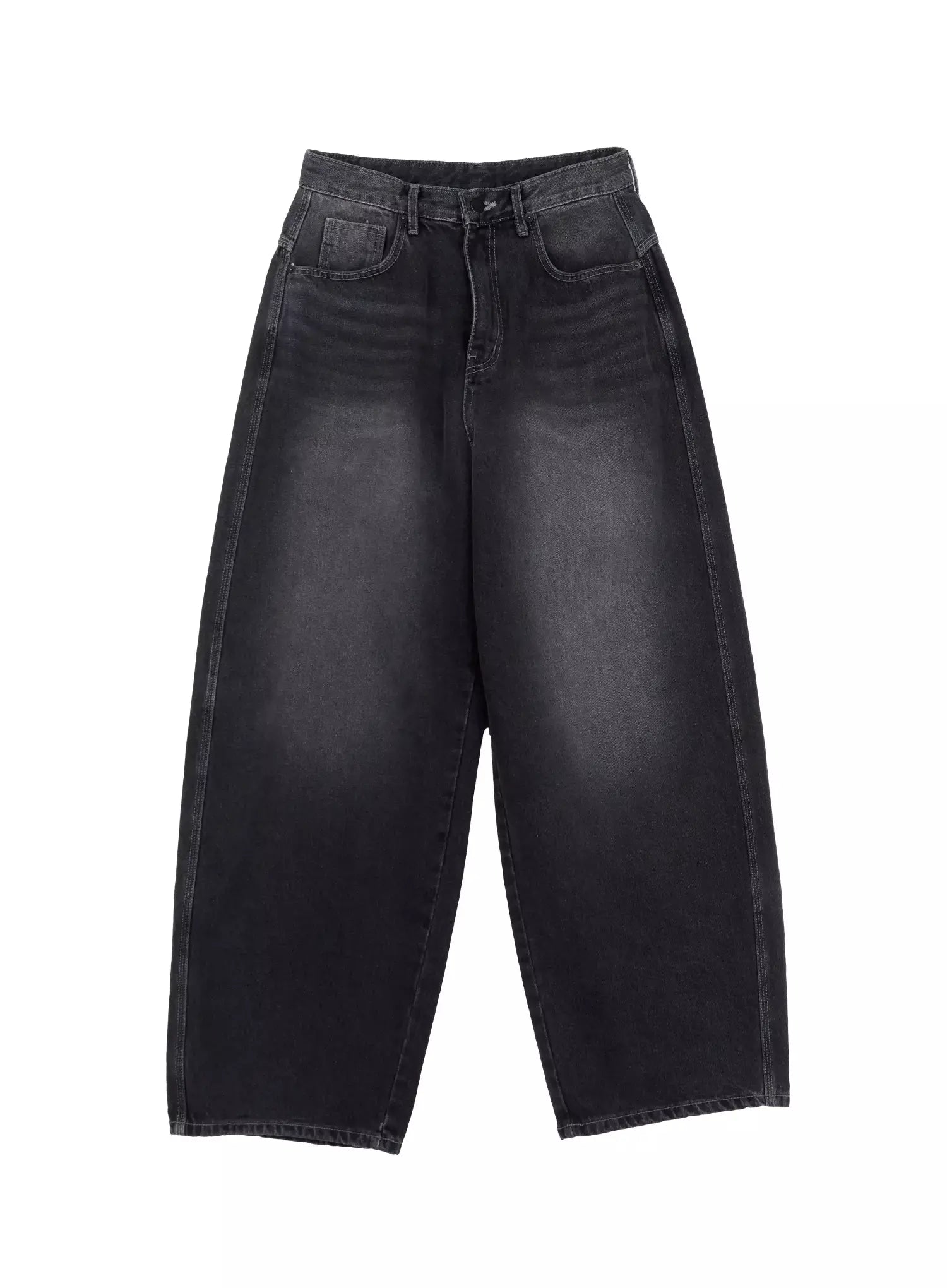 Casual Wide-Leg Baggy Jeans IS515 in Gray, flat product-only shot, full front view showing washed cotton wide-leg silhouette, front pockets, button waistband, and faded finish.