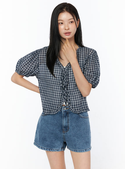 plaid-ribbon-tie-short-sleeve-cardigan-blouse-iu519