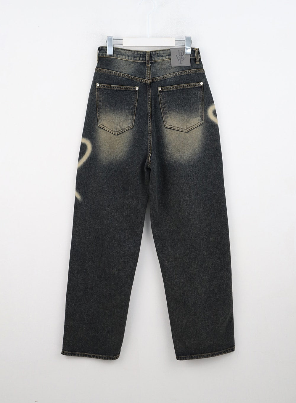 Heart-Bleached Wide Leg Jeans IN308 in dark blue, flat back product shot on hanger, two patch pockets with brand label, partial bleached heart motif on sides, heavy washed cotton denim.