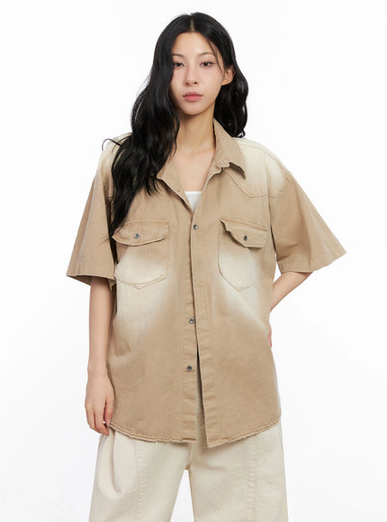 washed-short-sleeve-button-up-shirt-ig508 / Beige