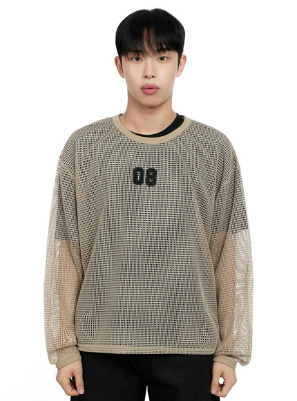 mens-mesh-graphic-long-sleeve-tee-ig520 / Beige