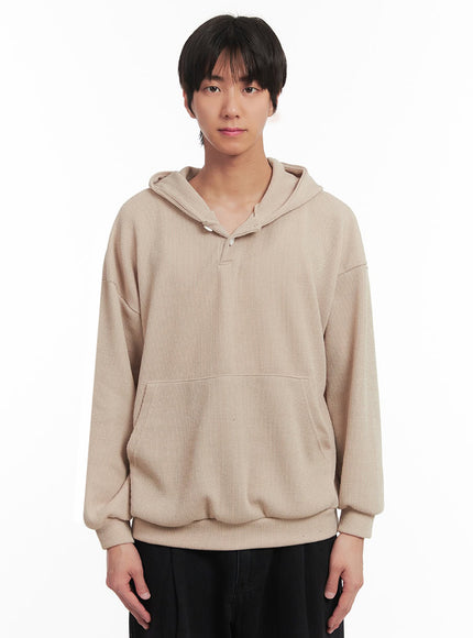 mens-ribbed-buttoned-hoodie-ia511 / Beige