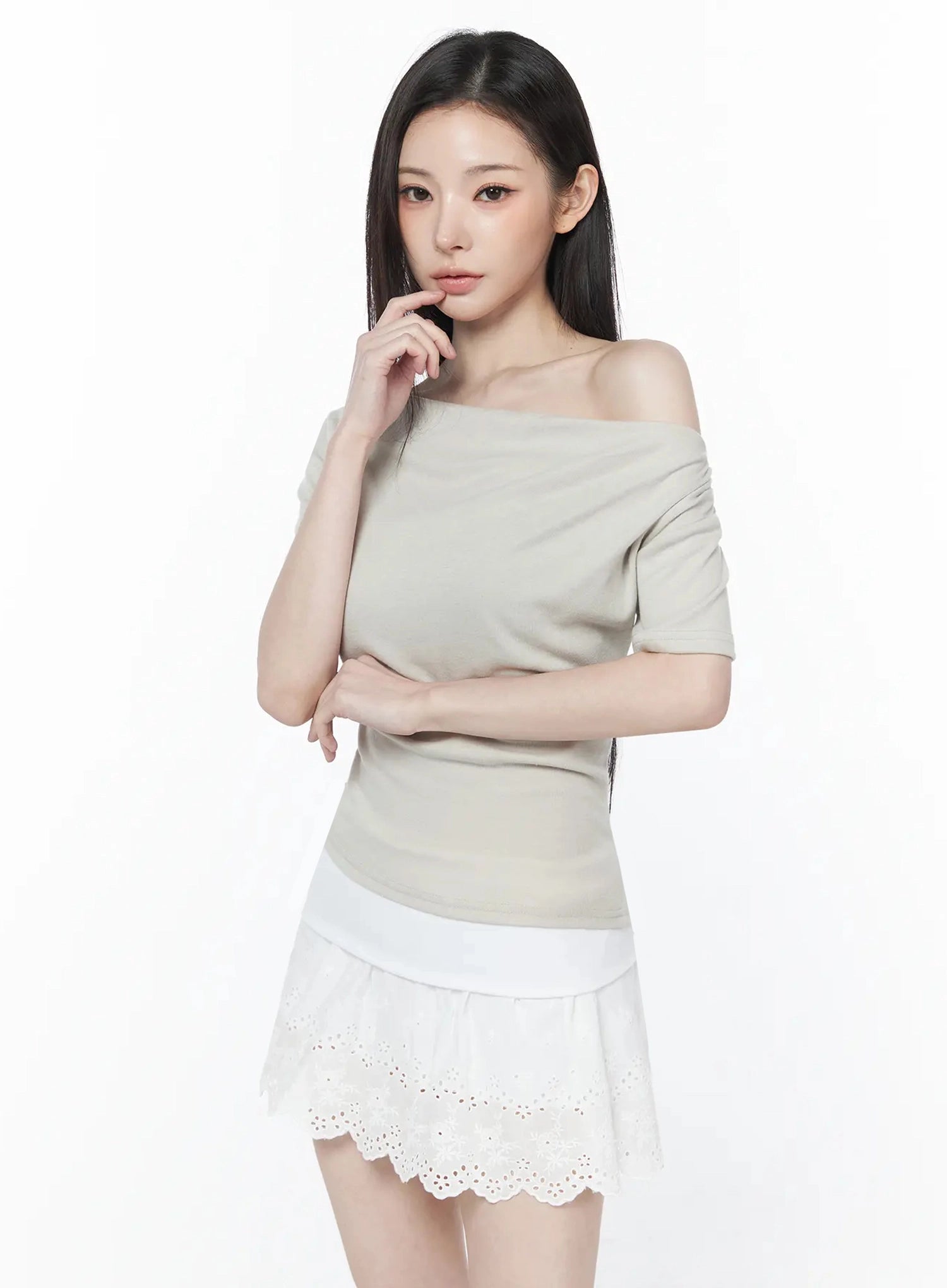 draped-one-shoulder-shirred-top-iu512 / Beige