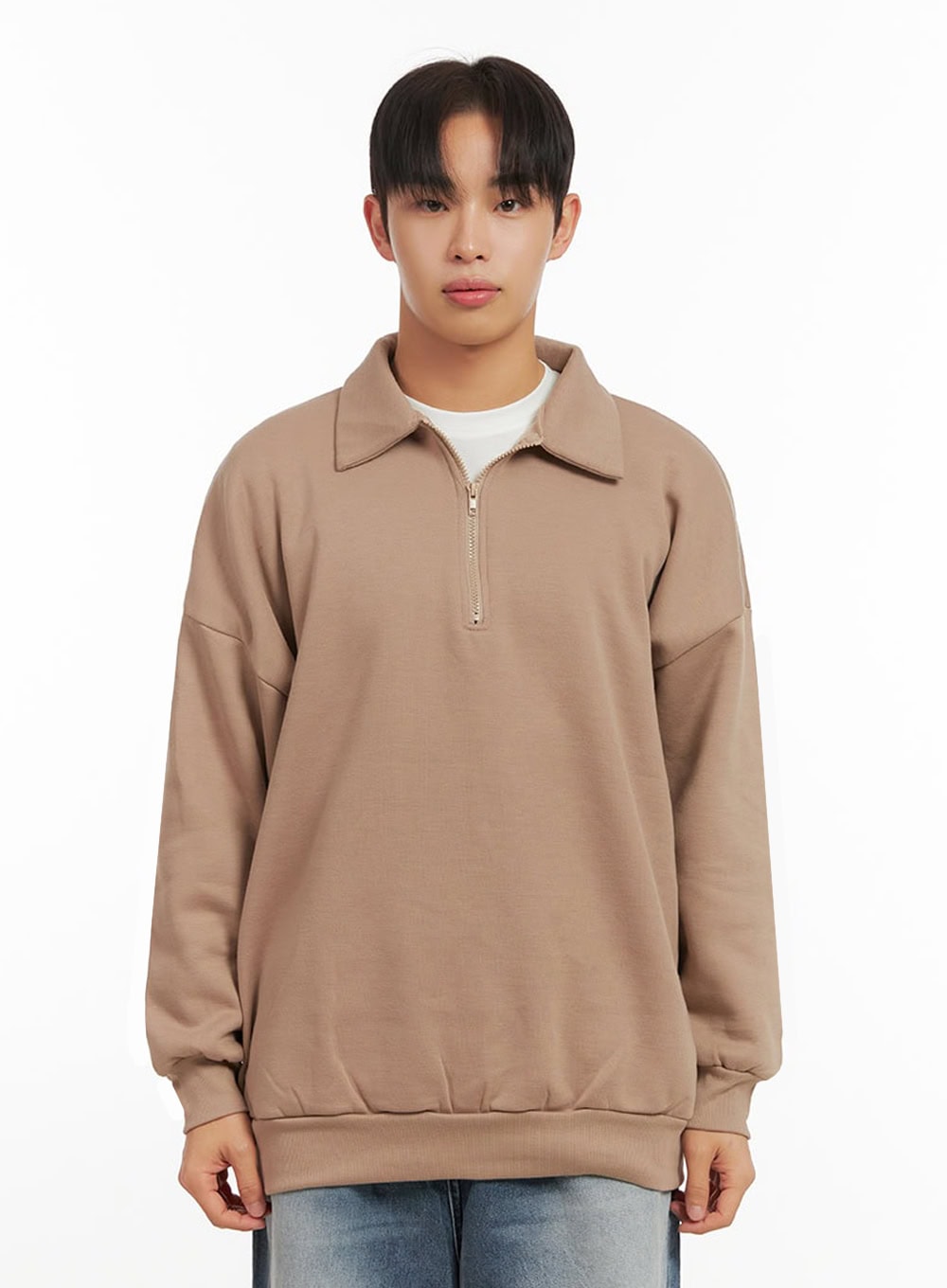 mens-collared-half-zip-crewneck-id406 / Beige