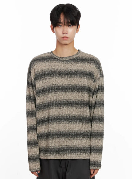 mens-ribbed-striped-long-sleeve-shirt-io516 / Beige