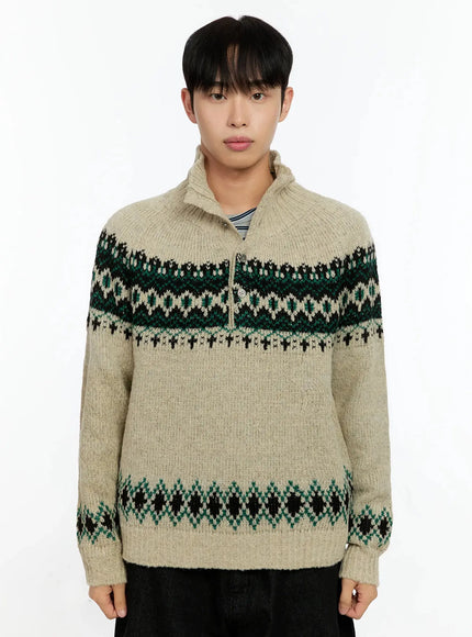 mens-patterned-high-neck-quarter-knit-sweater-in525 / Beige