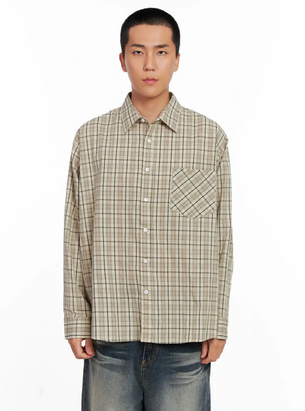 mens-checkered-button-up-shirt-is510 / Beige