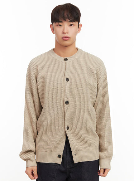 mens-ribbed-buttoned-round-neck-cardigan-if517 / Beige
