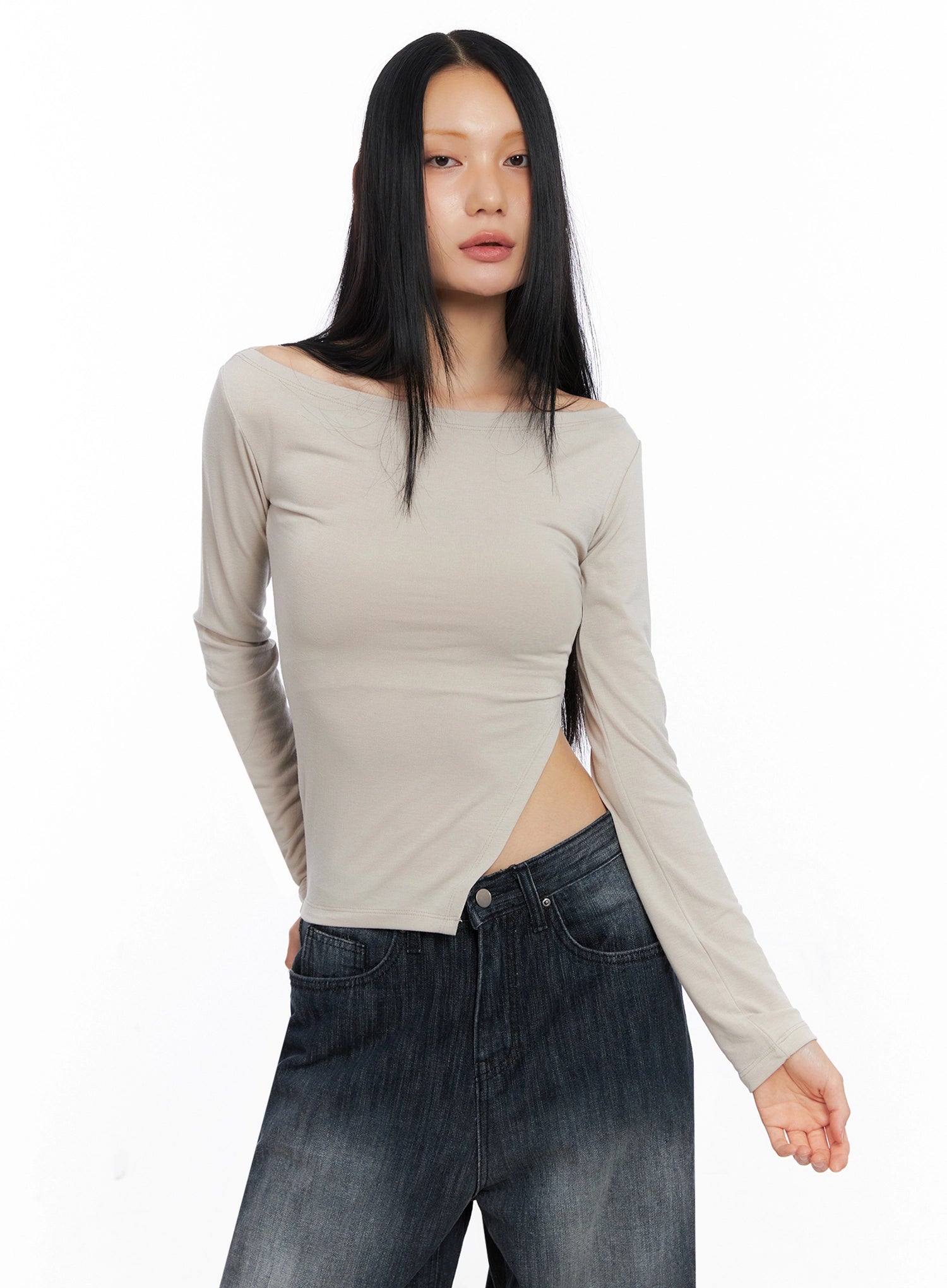 asymmetric-side-slit-off-shoulder-top-co517 / Beige