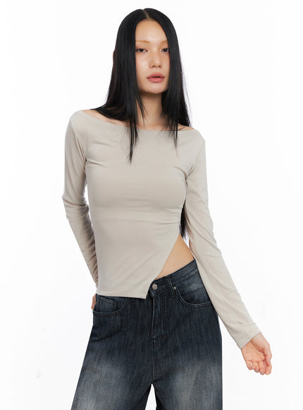 asymmetric-side-slit-off-shoulder-top-co517 / Beige