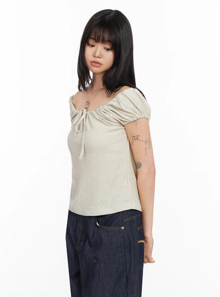 eyelet-ruched-off-shoulder-top-ia523 / Beige