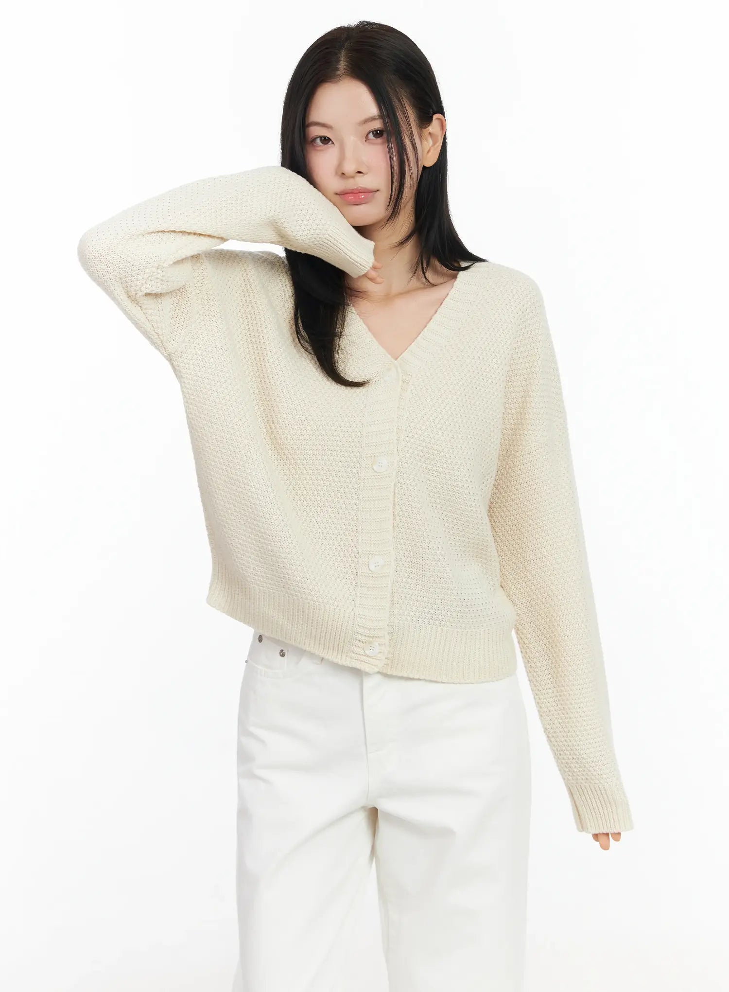 pastel-waffle-v-neck-cardigan-im524 / Beige