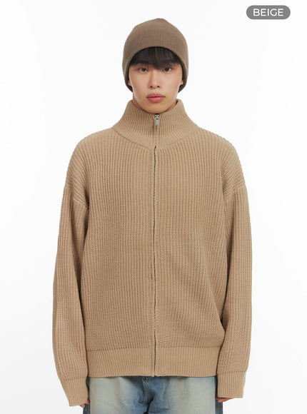 mens-turtle-neck-cable-zip-up-knit-io420 / Beige