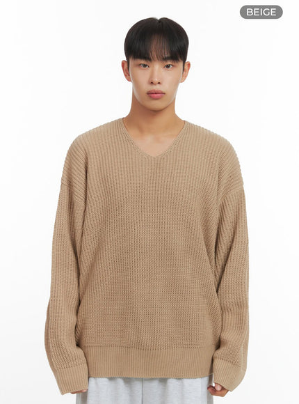 mens-oversized-v-neck-cable-knit-io420 / Beige