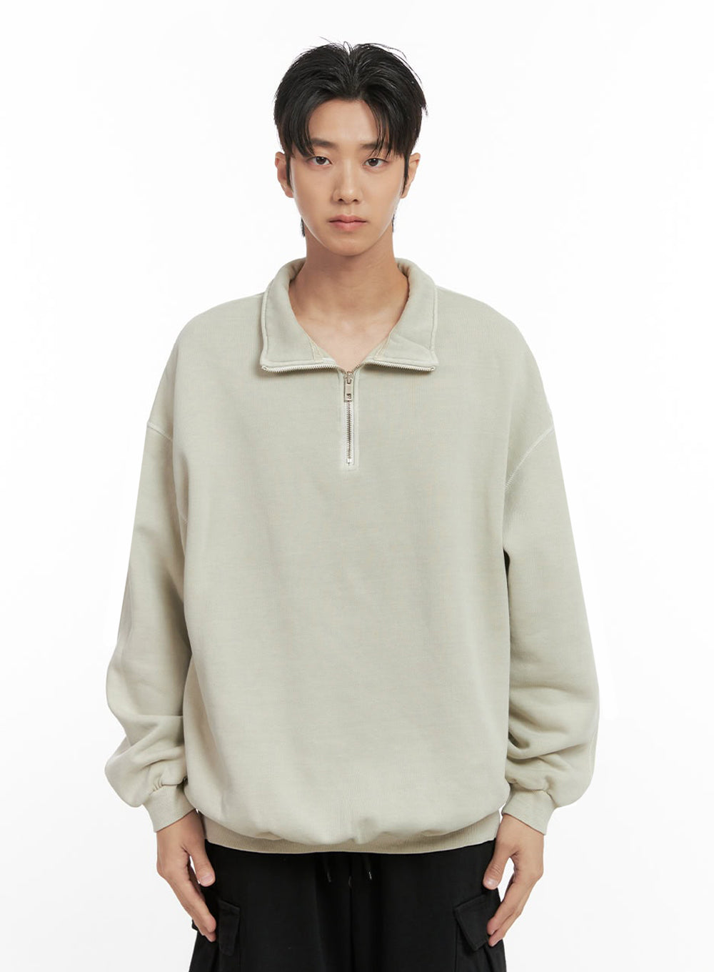 mens-washed-cotton-half-zip-crewneck-id406 / Beige