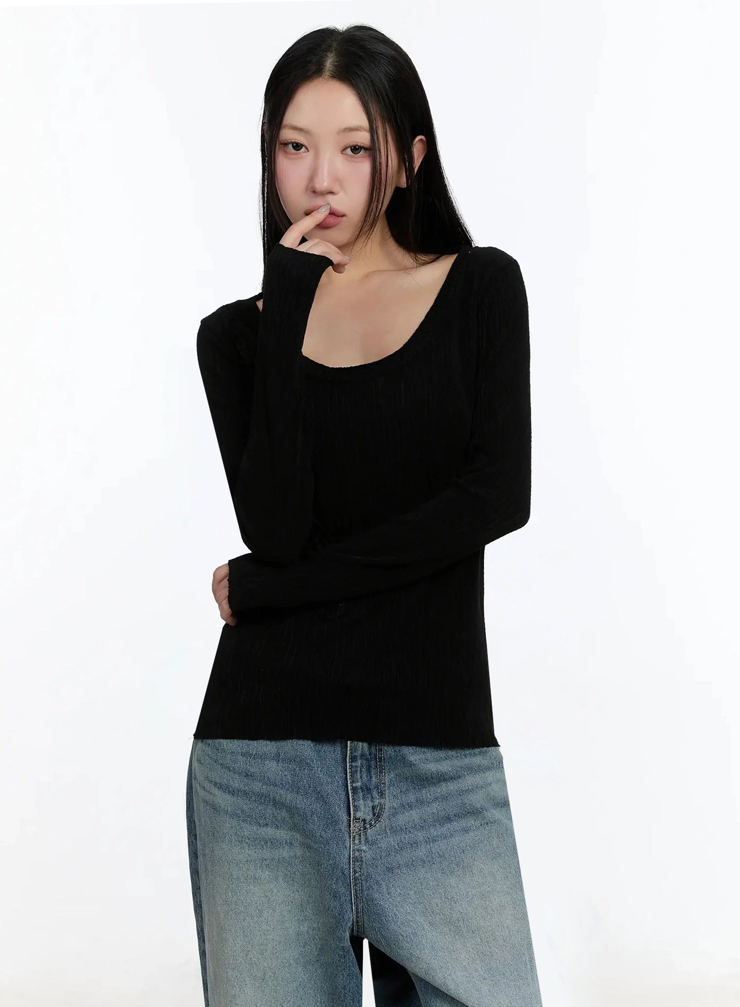 two-way-flower-ribbed-top-im509 / Black