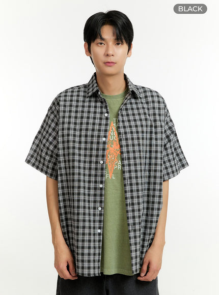 mens-oversize-checkered-button-down-shirt-il412 / Black