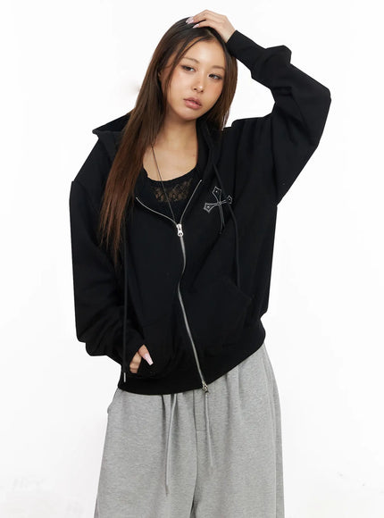studded-cross-zip-hoodie-iy501 / Black