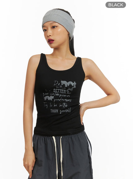 shoulder-twist-graphic-tank-top-iy422 / Black