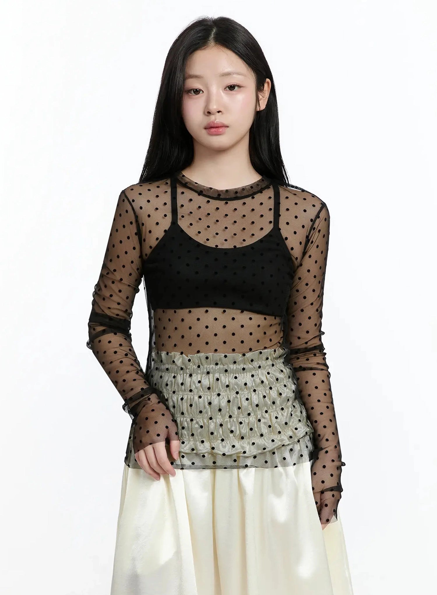 sheer-polka-dot-long-sleeve-top-im519 / Black