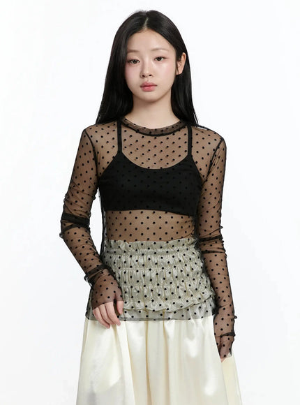 sheer-polka-dot-long-sleeve-top-im519 / Black