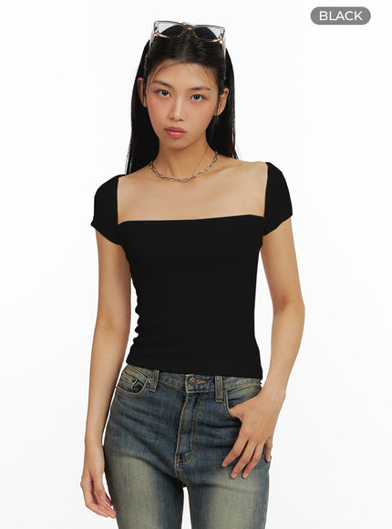 square-neck-short-sleeve-top-il419 / Black