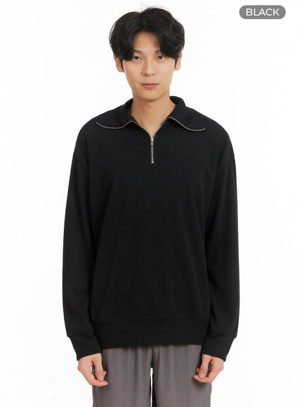 mens-zip-up-collar-long-sleeve-top-ia401 / Black