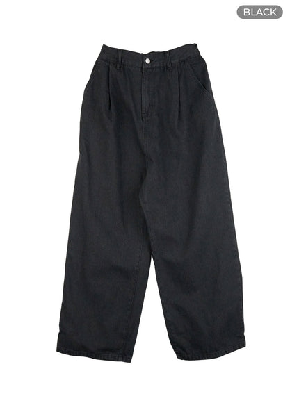 mens-pintuck-wide-fit-cotton-denim-jeans-is419 / Black