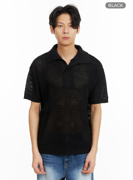 mens-mesh-knit-collared-top-ia402 / Black