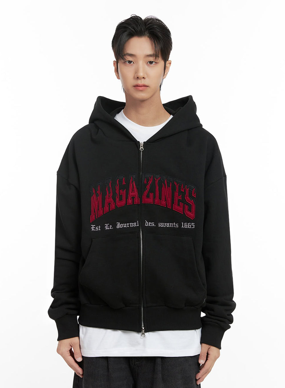 mens-embroidered-double-zip-hoodie-id406 / Black