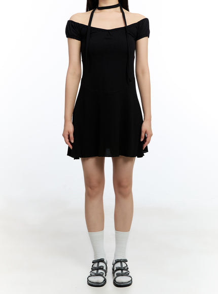 flare-mini-dress-with-scarf-set-iu503 / Black