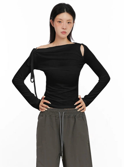 assymetric-cut-out-long-sleeve-top / Black