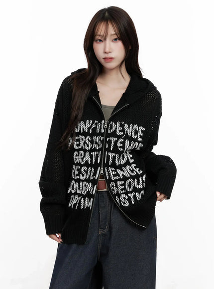 casual-mesh-lettering-hoodie-jacket-in514 / Black