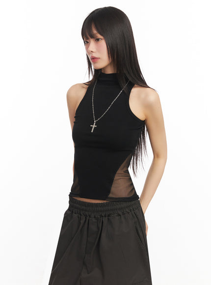 mesh-sleeveless-collared-crop-top-iy502 / Black