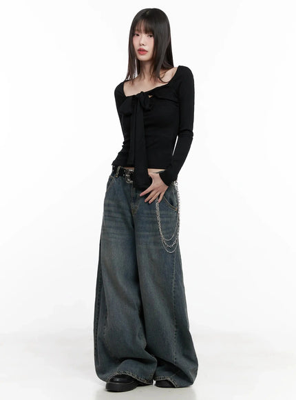 bow-tie-long-sleeve-top-in507 / Black