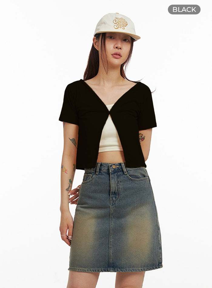short-sleeve-minimal-crop-cardigan-iy410 / Black