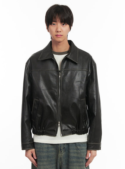 mens-vintage-faux-leather-collared-jacket-ia510 / Black