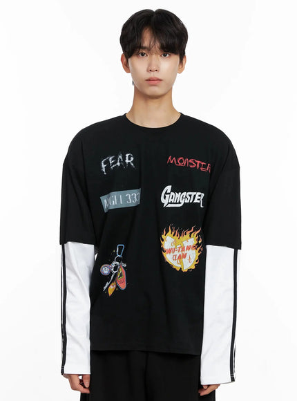 mens-graphic-layered-long-sleeve-top-io517 / Black
