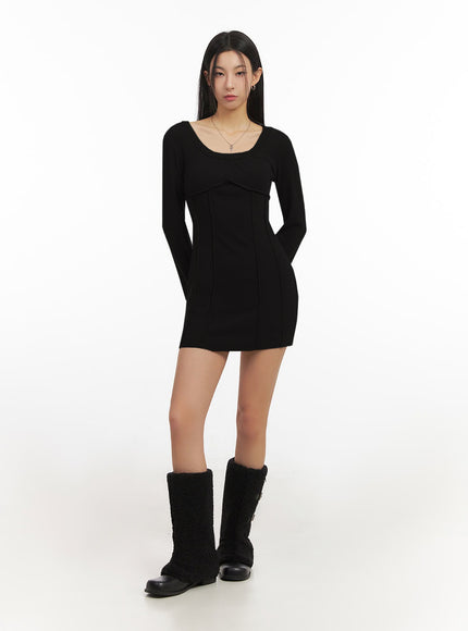 cozy-long-sleeve-u-neck-mini-dress-id431 / Black