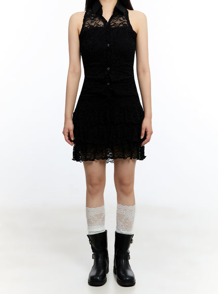 lace-ruffle-layered-button-mini-dress-iu503 / Black