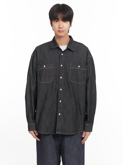 mens-stitched-button-up-denim-shirt-ia510 / Black