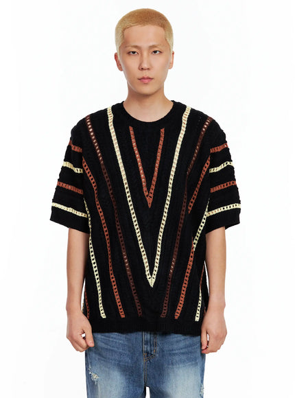 mens-textured-contrast-knitted-tee-il511 / Black