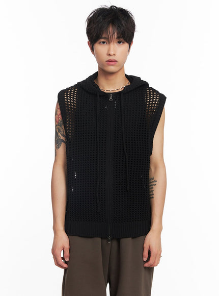 mens-mesh-zip-up-hooded-vest-iy508 / Black