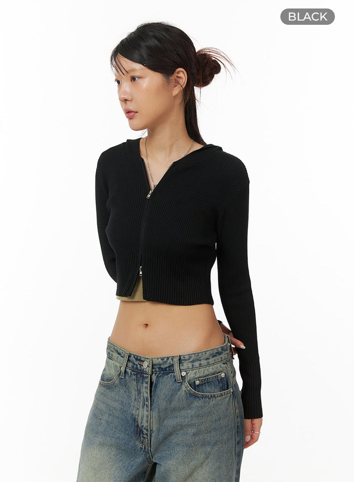crop-hooded-zip-up-cardigan-iy410 / Black