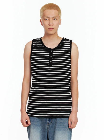 mens-striped-henley-tank-top-il511 / Black
