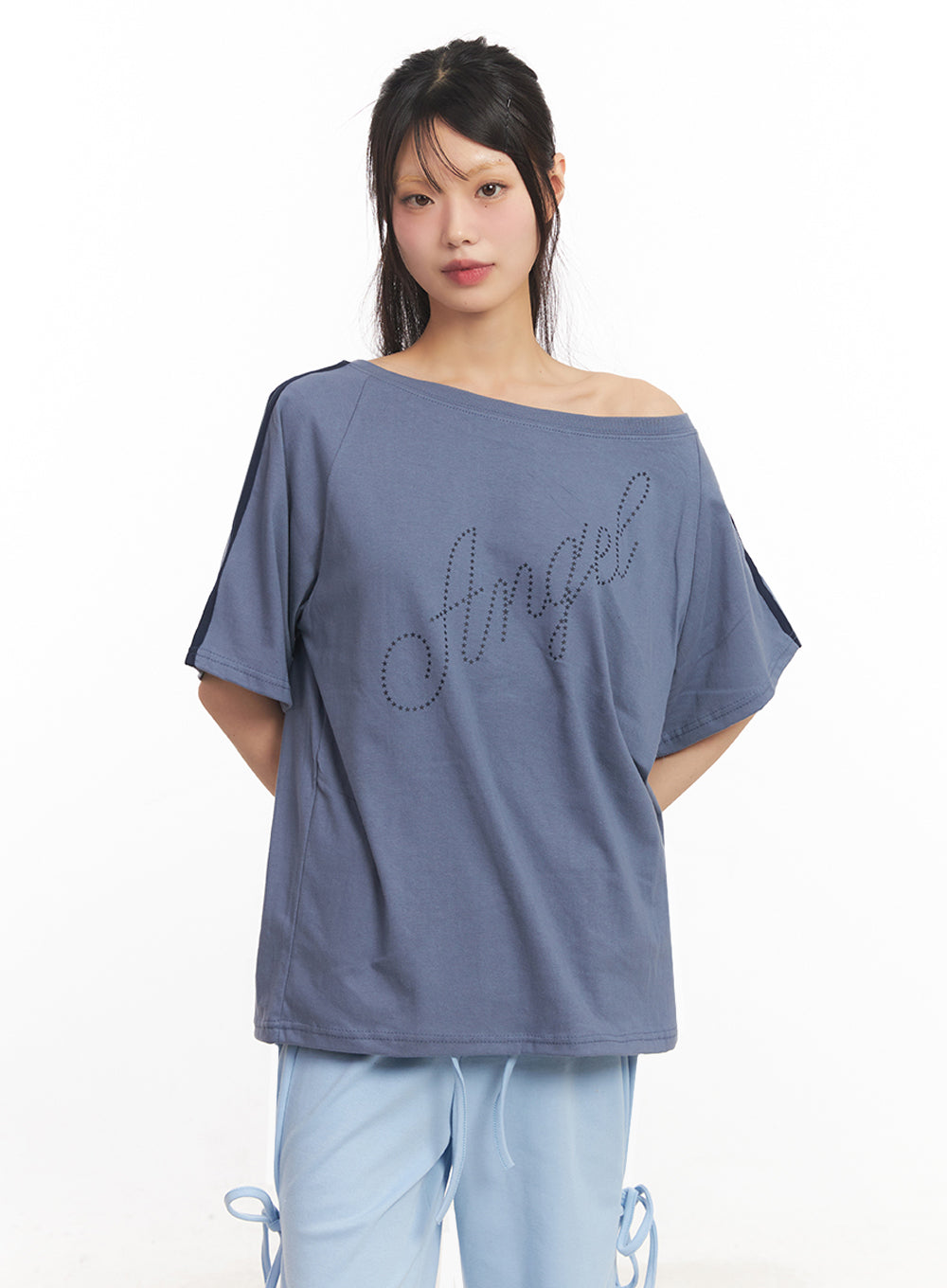 angel-stud-one-shoulder-stripe-t-shirt-iy502 / dark blue
